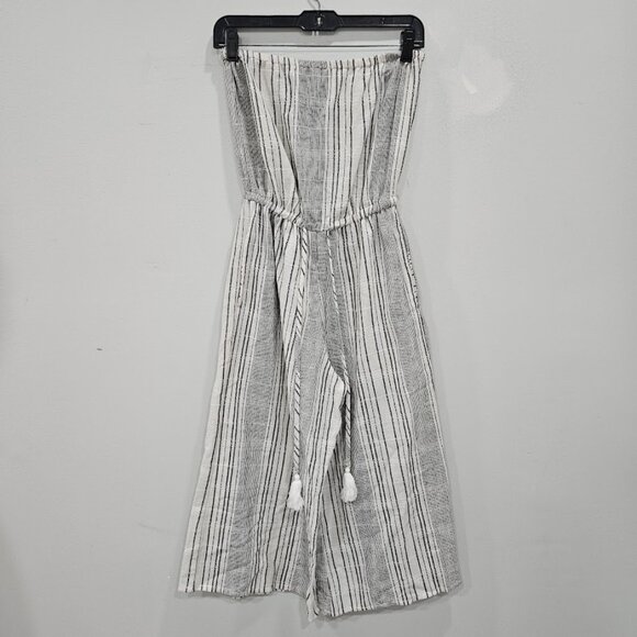 Elan Off White Linen Cotton Blend Strapless Cover-Up Black Tassel Jumpsuit Small - Picture 2 of 13